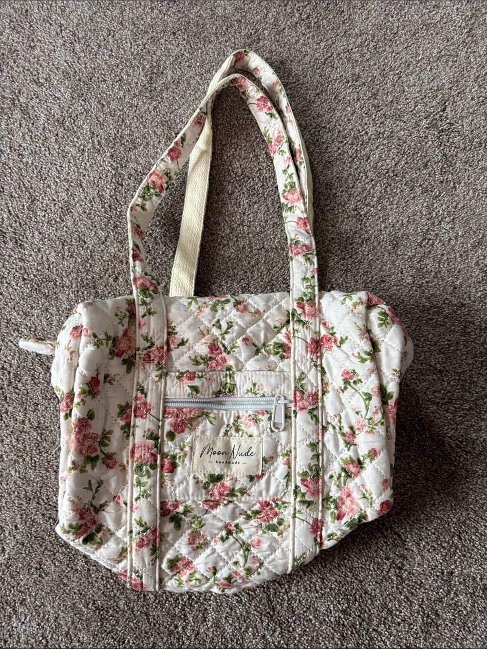 Moon nude Quilted Floral Tote Bag - Cream with Pink Roses